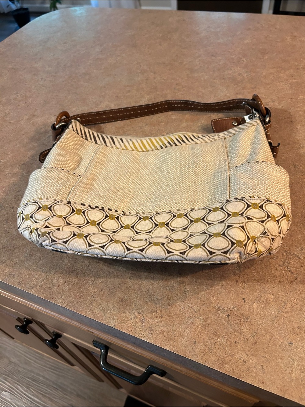 Fossil Cream Canvas Shoulder Bag with Tan Leather Strap